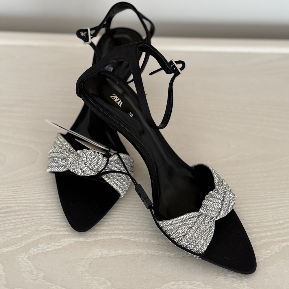 Zara Black and Silver Heeled Sandals with Bow Detail